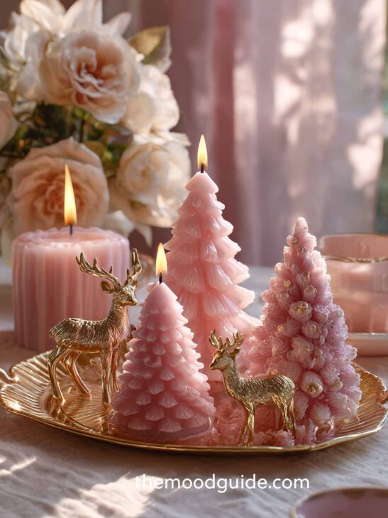 pink and gols aesthetic christmas table centerpiece with gold reindeer and pink christmas tree candles on a gold tray