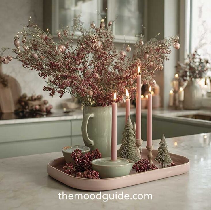 modern, easy elegant sage green and pink minimal christmas centerpiece for table