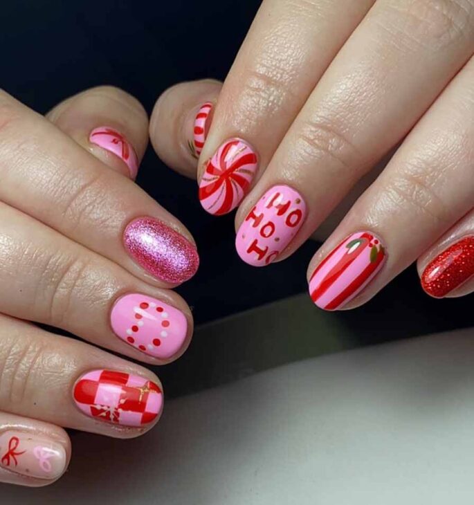 fun, short, glittery red ans pink trendy nail art