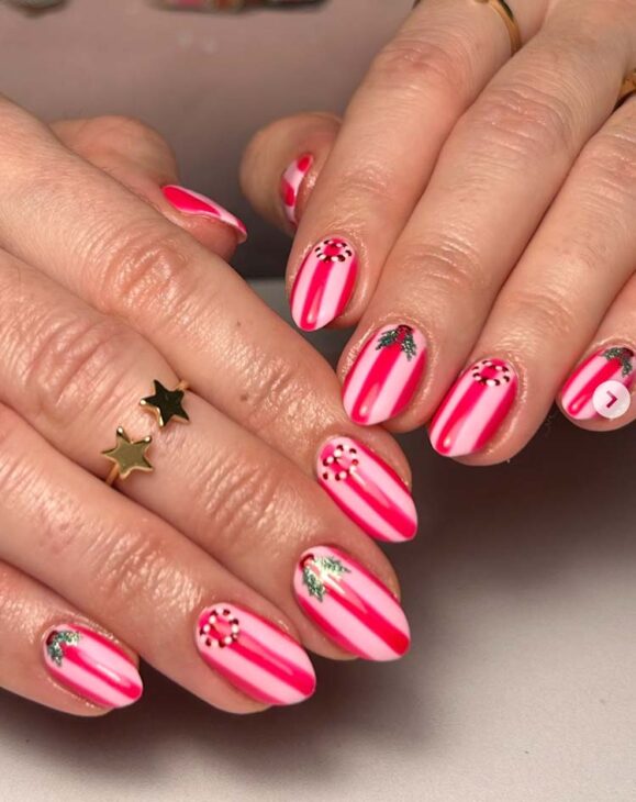 adorable cute red and pink stripe christmas nails