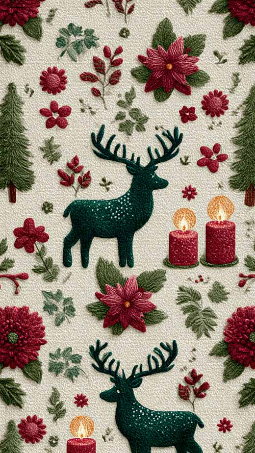 red and green cute reindeer and candles Christmas phone background