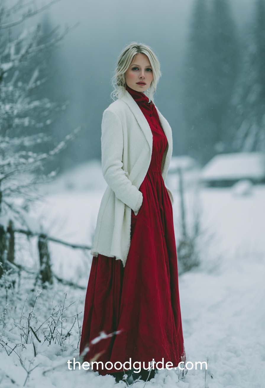 winter cottagecore aesthetic red dress aesthetic christmas outfit. The outfit features a maxi linen red dress with high collar and long sleeves, layered with a cream white cardigan, creating a cozy old fashioned aesthetic outfit for holiday gatherings.