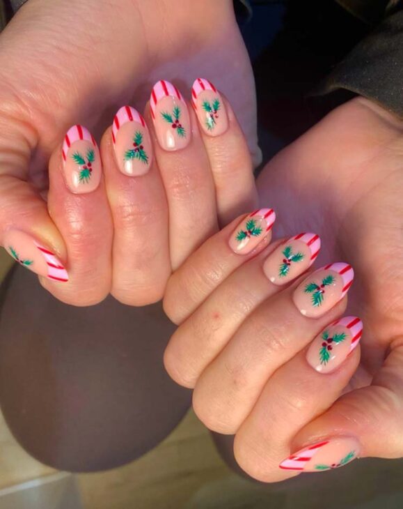 red and pink stripes french tips and holly christmas nail art cute easy trendy aesthetic and simple