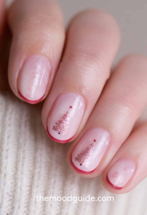 soft pink short almond nails with christmas tree pink glittery design and dark red tips.