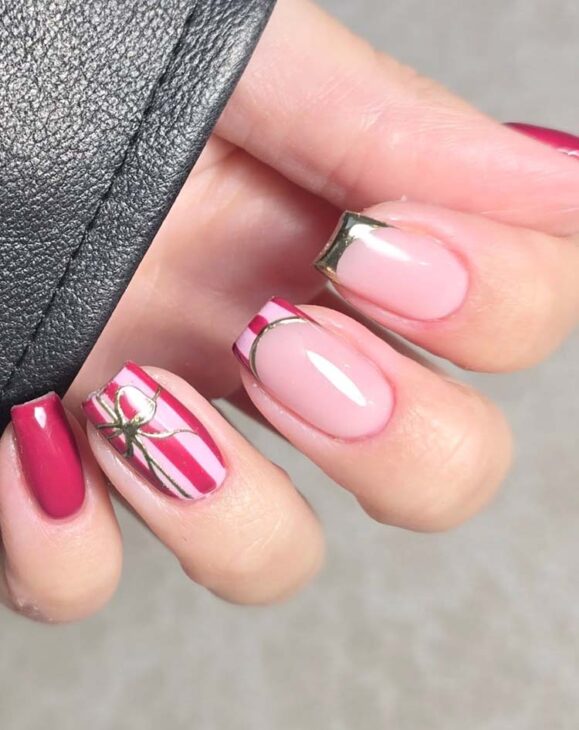 pretty vintage red pink gold christmas nails with gold tips on square nail