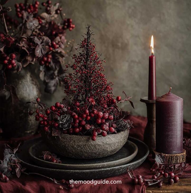 rustic vintage christmas centerpiece in burgundy and black with candles