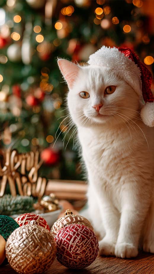 cute white cat with Santa hat free Christmas wallpaper for iphone