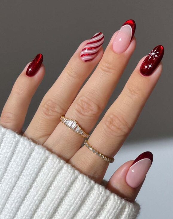 red velvet cozy red and white aesthetic christmas nails