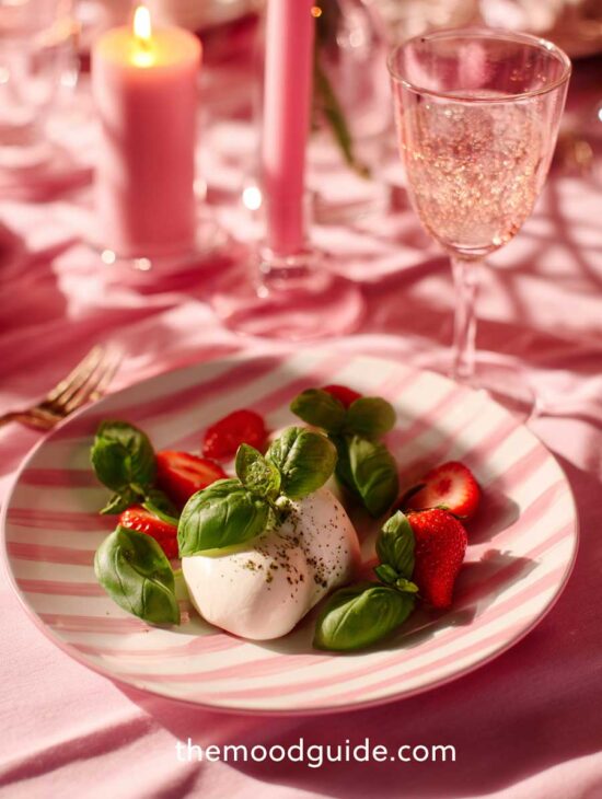 strawberry and burrata appetizer for Valentine day aesthetic dinner