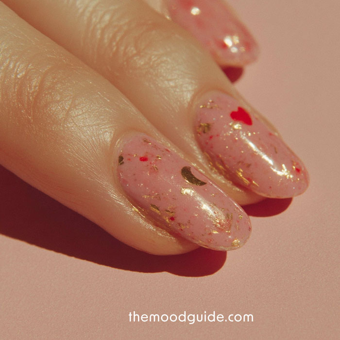 gold and red aesthetic valentines day nails