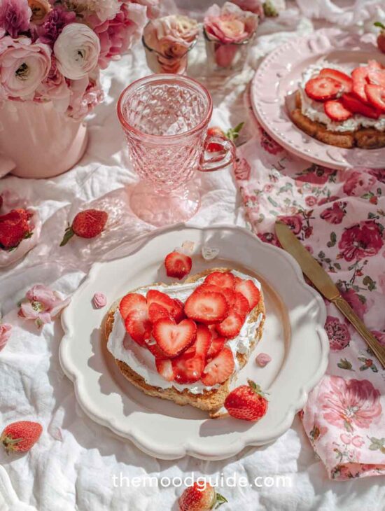 toasts with cream cheese and strawberry slices for aesthetic valentines day food