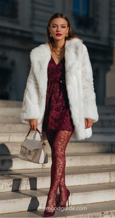 burgundy mini dress with lace tights and white faux fur coat 