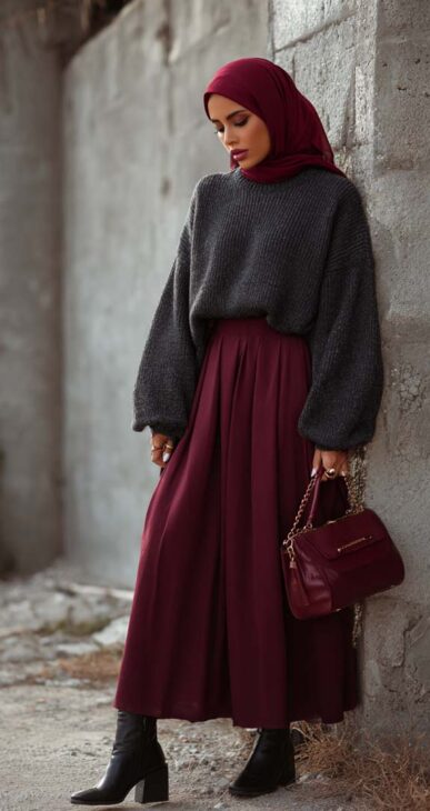 burgundy maxi skirt and dark grey sweater with hijab for elegant winter style