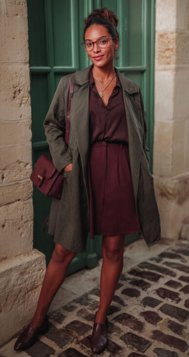 academia aesthetic burgundy, brown and olive green outfit