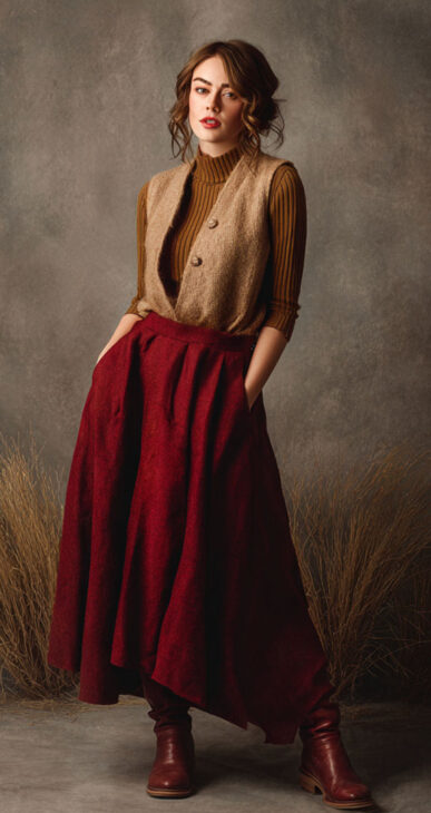 burgundy and caramel outfit idea