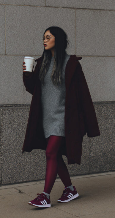 cool street style grey sweater dress with burgundy coat and tights outfit for winter