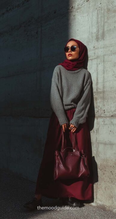 burgundy and grey aesthetic outfit with hijab