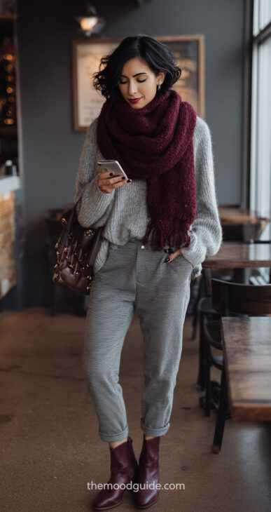 comfy chic aesthetic winter outfit with grey sweatpants and burgundy scarf