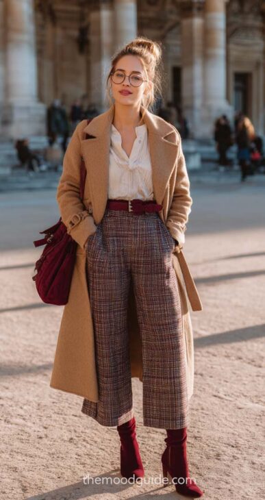 light academia burgundy style with plaid pants and caramel coat