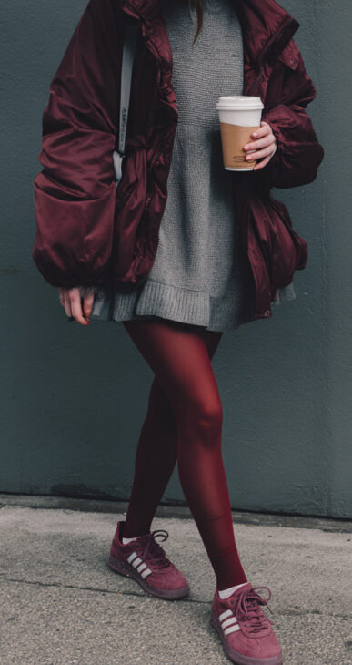 burgundy and grey cool edgy minimalist street style outfit with sweater dress and bomber jacket