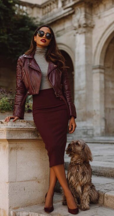 elegant pencil skirt in burgundy with leather jacket and grey turtleneck
