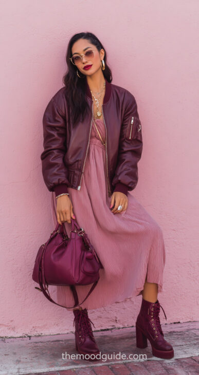 burgundy and mauve pink dress aesthetic outfit