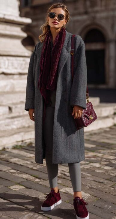 dark grey oversized coat with burgundy sneakers aesthetic outfit for winter