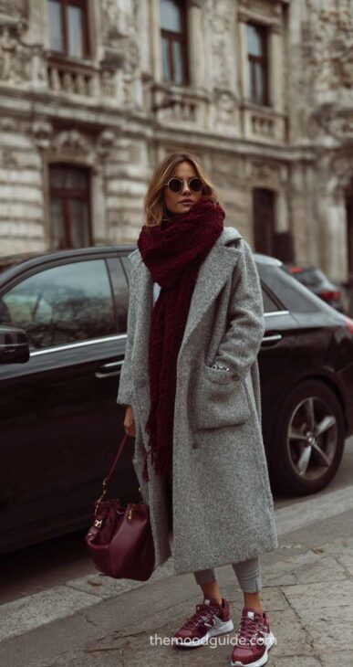 oversized casual chic elegant minimal grey coat with burgundy sneakers