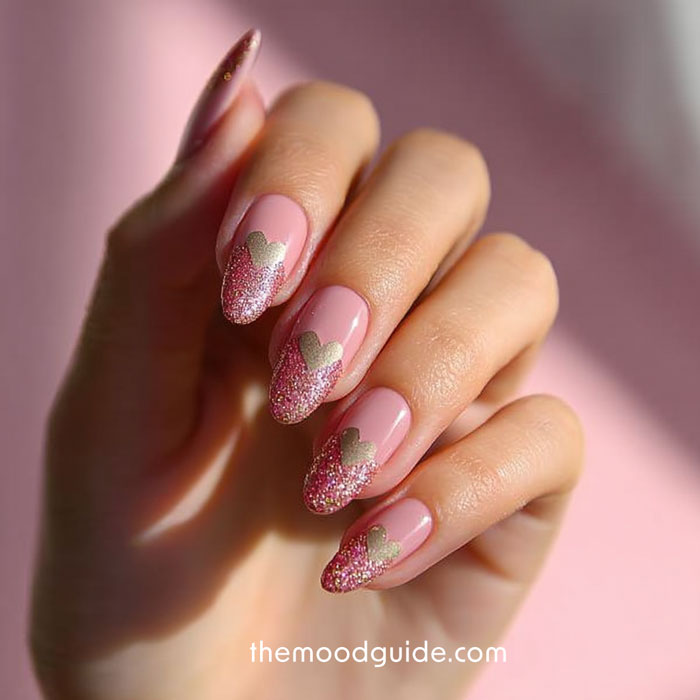 rosé gold with gold simple glittery diy valentines nail design.