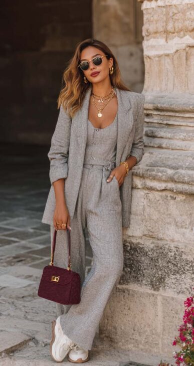 taylored light grey work outfit with burgundy bag and white sneakers. chic minimal aesthetic style