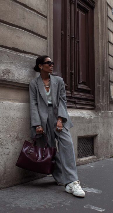 aesthetic grey taylored blazers outfit with burgundy leather bag