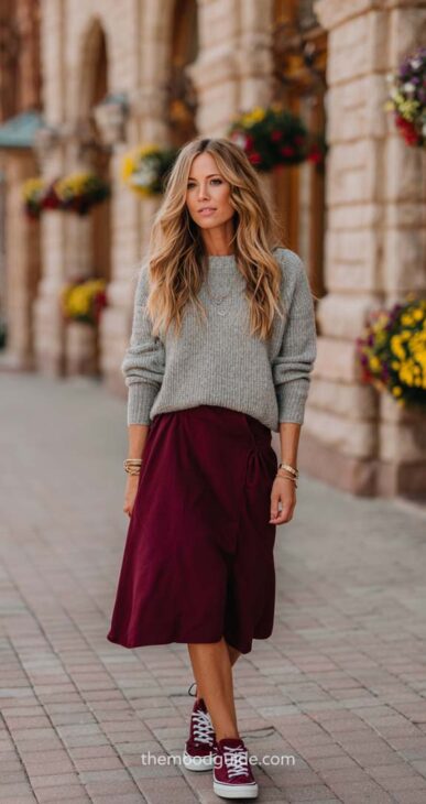 casual chic burgundy skirt with grey sweat outfit