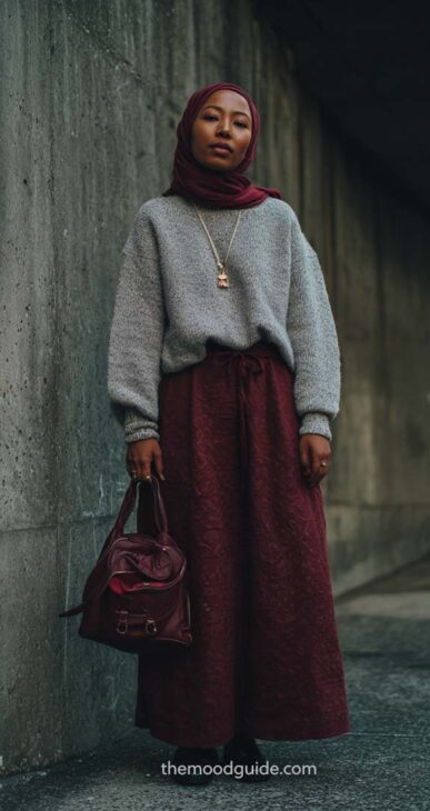 hijab simple chic burgundy and grey outfit