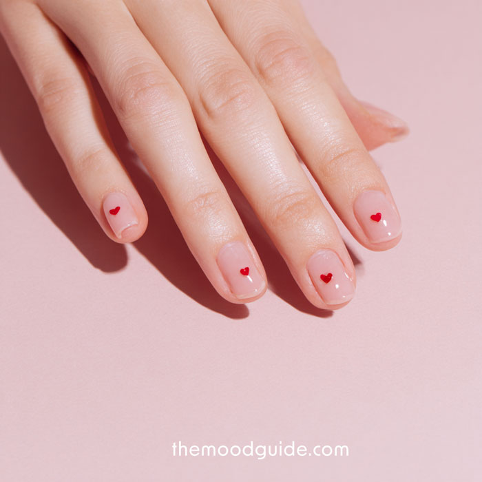 natural short aesthetic simple nails with little red hearts for easy valentines day manicure.