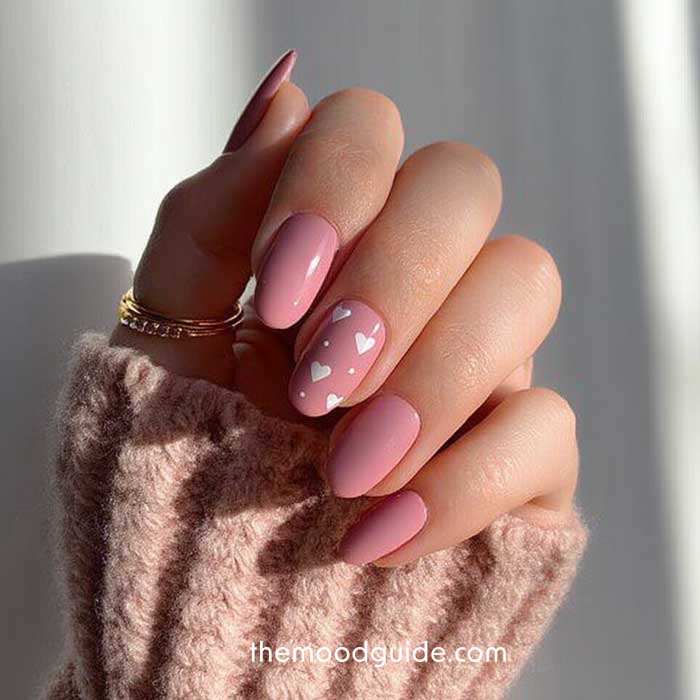 soft pink easy valentines nail design with hearts and polka dot
