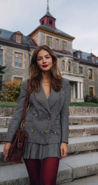 preppy aesthetic burgundy and grey outfit