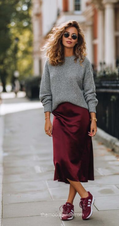 casual chic burgundy and grey style