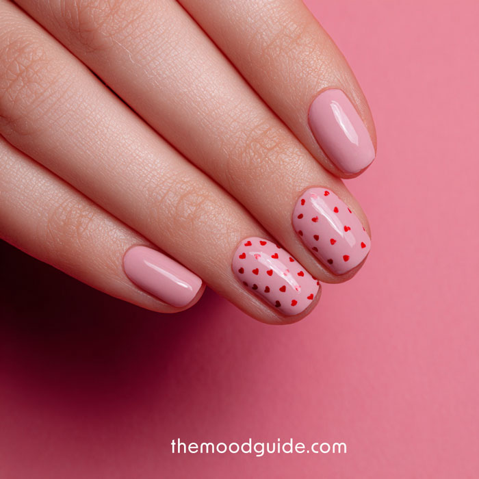 pink short nails with heart pattern