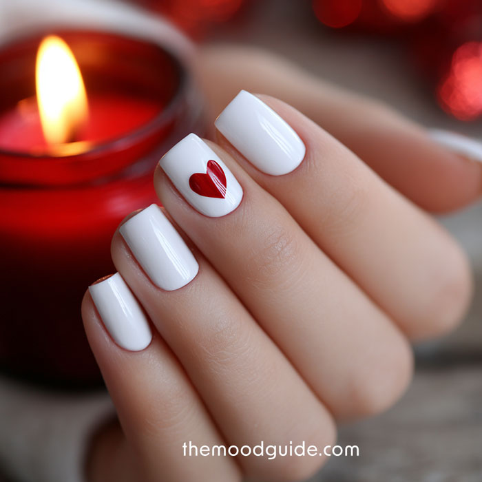 white and red simple valentines nail art with heart
