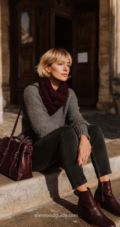 cool, simple dark grey jeans with grey sweater and burgundy scarf and bag outfit idea