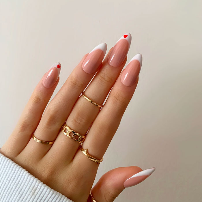 white tips with red heart press on valentines aesthetic nails