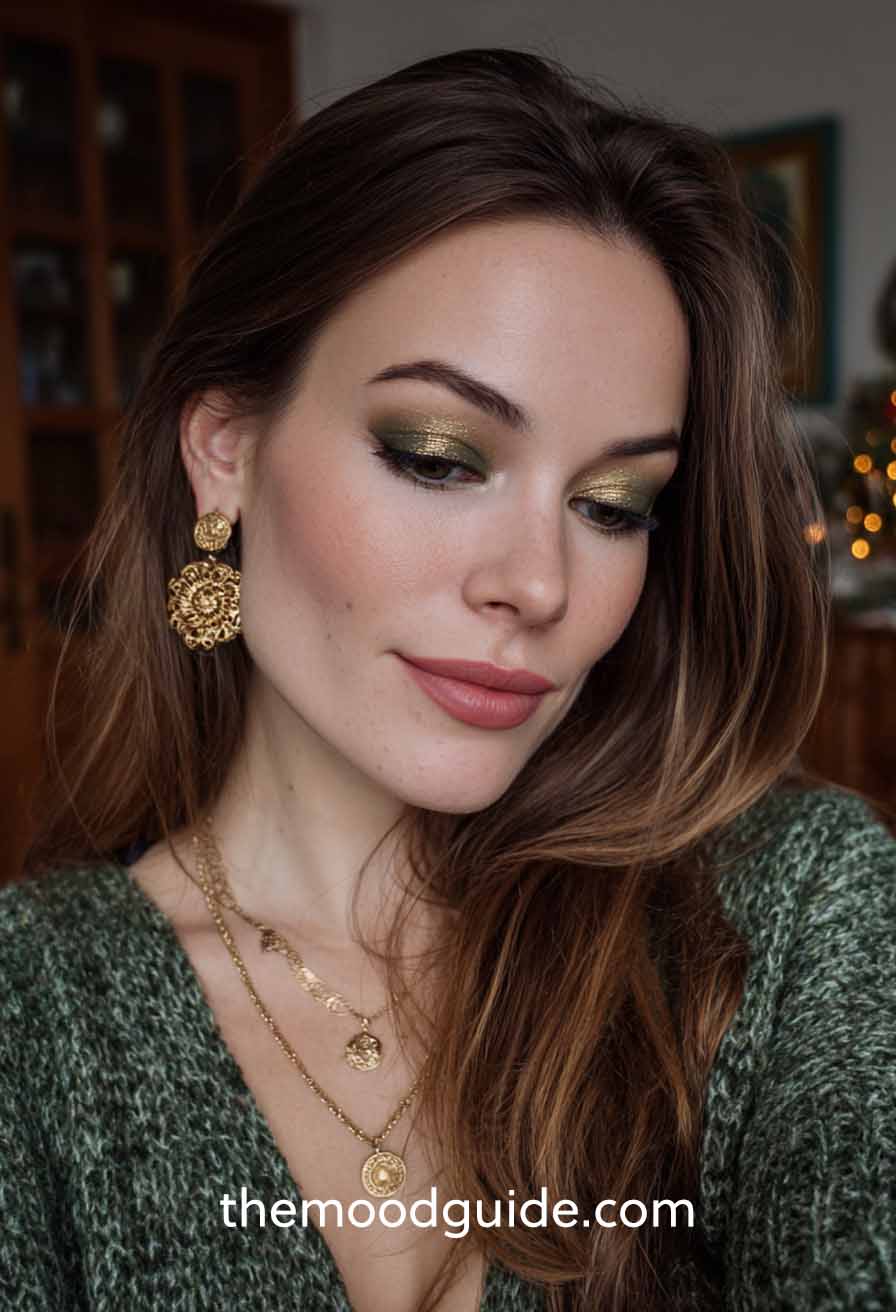 gold and green christmas makeup