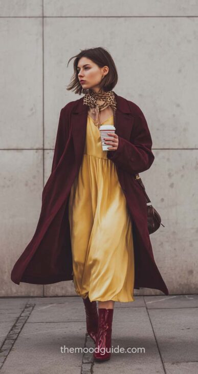 yellow dress with burgundy coat outfit
