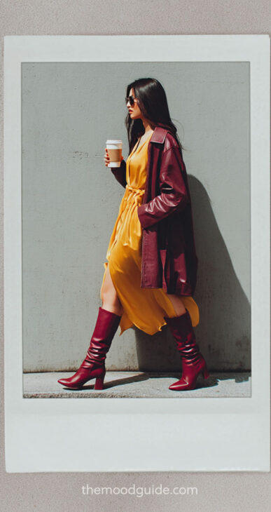 yellow aesthetic dress with burgundy
