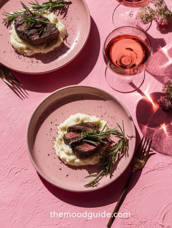easy aesthetic table setting dinner mashed potatoes and steak