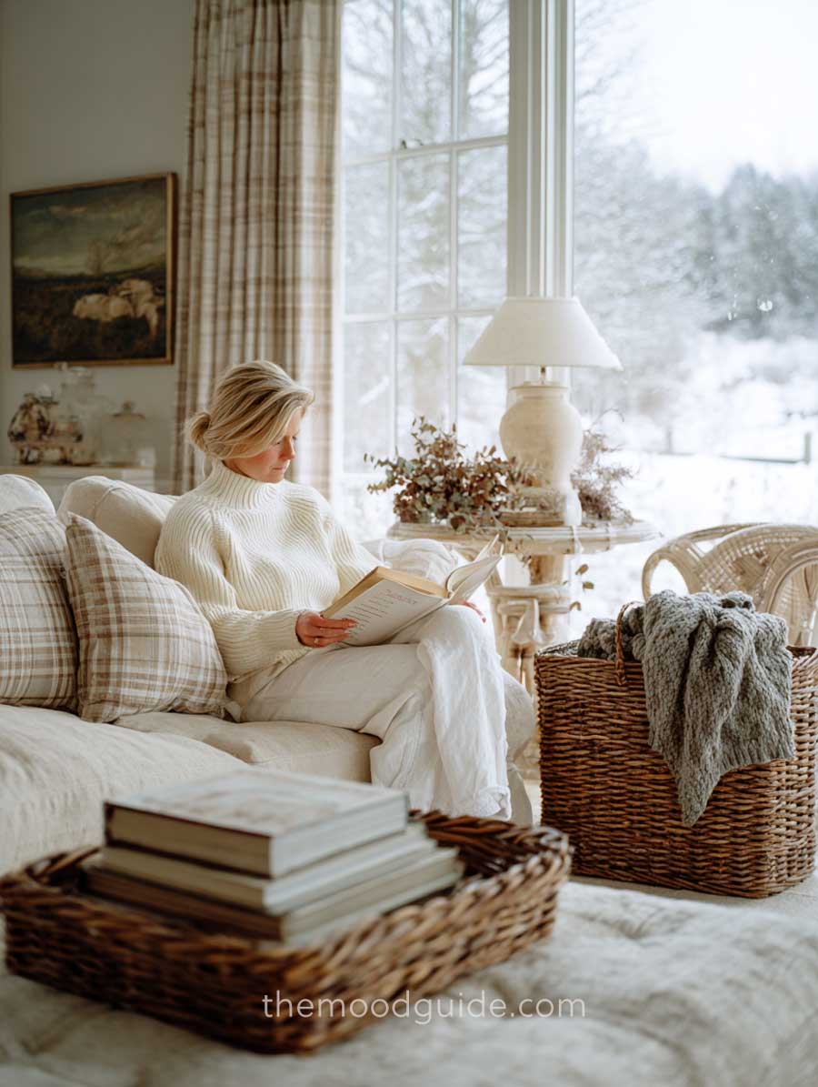 cozy winter farmhouse living room.