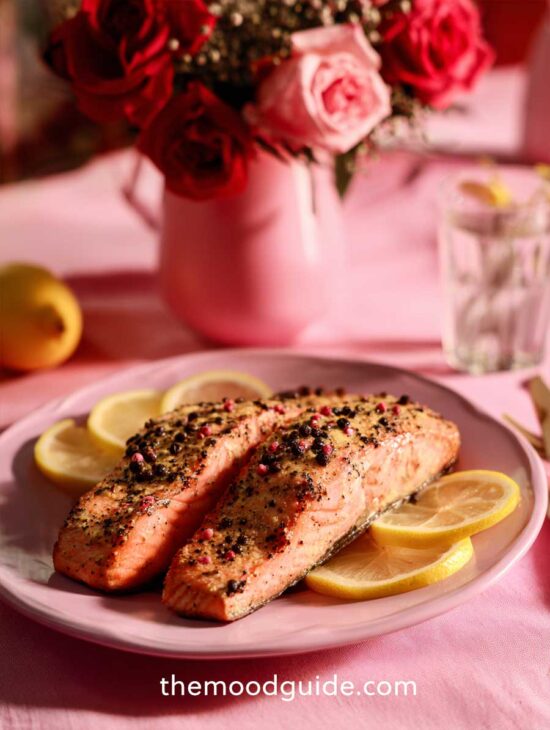 salmon dinner with lemon aesthetic table setting