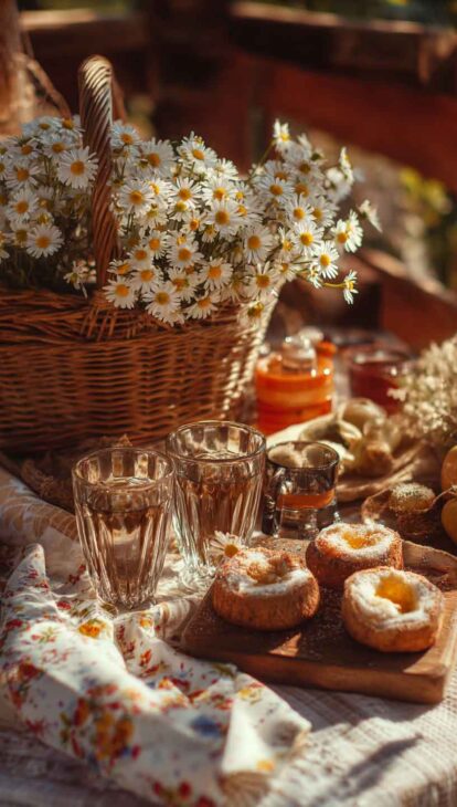aesthetic breakfast with daisies background