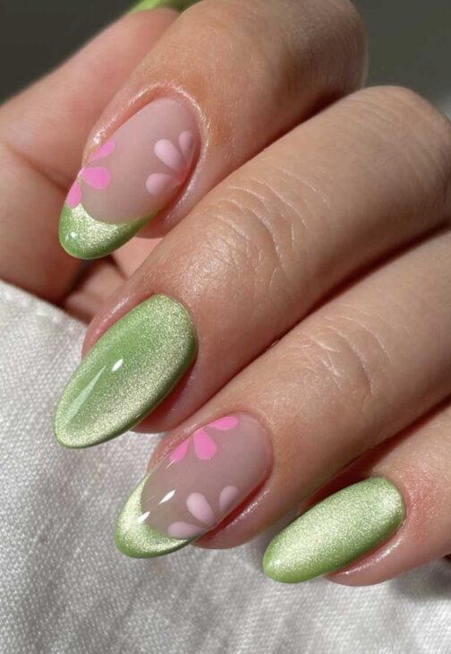 green cat eye floral nails fairy core