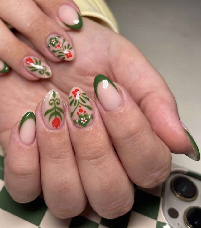 elf green and red folk art fairy aesthetic floral spring nails
